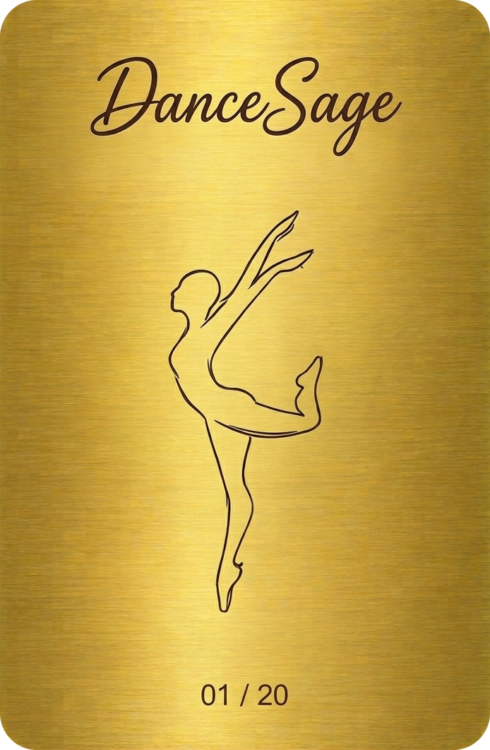 Front of the gold Dance Sage golden ticket, with a line drawing of a dancer and the number 01 of 20